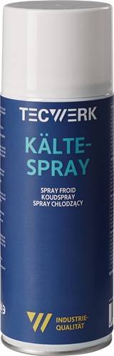 Eine blaue Dose mit 'Kältespray', 'Spray Froid' und 'Spray Koudspray' Aufschrift, die darauf hinweist, dass es sich um ein Kältespray zur Linderung handelt.
