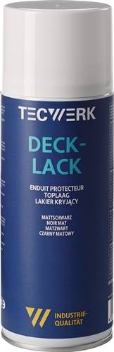 Ein Nahaufnahme-Bild eines Containers mit Produkttext: 'Deck-Lack Enduit Protecteur Toplaag Lakier Kryjacy' und mehreren Sprachen für 'schwarz'.