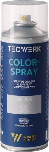 Das Bild zeigt eine Dose mit Sprühfarbe, die in vier Sprachen mit 'Color Spray' beschriftet ist, und am unteren Rand wird 'RAL 7035' angezeigt, was möglicherweise auf den Farbcode hinweist.