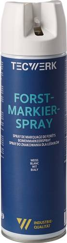 FORST-MARKIER-SPRAY' in großen Buchstaben, gefolgt von kleineren Übersetzungen, die die Verwendung als Waldmarkierungsspray für Förster anzeigen.
