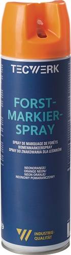 Eine blaue Dose 'Forstmarkier-Spray', die zur Markierung von Bäumen verwendet wird, mit Produktnamen in mehreren Sprachen.