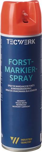 Kanister mit der Beschriftung 'FORST MARKIER SPRAY', verwendet zum Markieren von Bäumen, mit zusätzlichem Text in verschiedenen Sprachen.