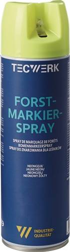 Blaue Dose mit Aufschrift 'FORST-MARKIER-SPRAY', verwendet zum Markieren von Bäumen, mit zusätzlichem Text in Französisch und anderen Sprachen.
