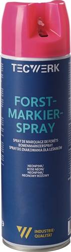Eine Dose mit blauem Etikett trägt den Aufdruck 'Forst-Markier-Spray' mit zusätzlichem Text in Französisch, Niederländisch und Polnisch. Wahrscheinlich für Forstmarkierungen verwendet.