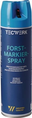 Eine Dose 'FORST-MARKIER-SPRAY', verwendet zum Markieren von Bäumen in Wäldern. Das Etikett enthält Text in mehreren Sprachen.