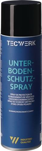 Das Bild zeigt eine Produktetikette mit dem Text 'Unterbodenschutz-Spray' in großen Buchstaben, was darauf hindeutet, dass es sich um ein Unterbodenschutz-Spray handelt.