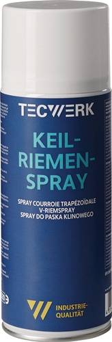 Ein Flakon mit der Aufschrift Keilriemenspray, verwendet für die Wartung von Riemen. Text in mehreren Sprachen.