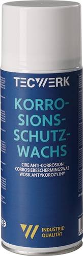 Eine Dose mit der Beschriftung 'Korrosionsschutz Wachs' und 'Corrosion Protection Wax' in fetter blauer Schrift auf einem dunklen Hintergrund.