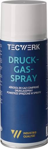 Eine Dose mit Etiketten in verschiedenen Sprachen, die den Begriff 'DRUCK-GAS-SPRAY' trägt und anzeigt, dass es sich um ein Druckgasspray-Produkt handelt.