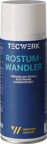 Eine Flasche mit der Aufschrift 'Rostum-Wandler' in fetter Petrolfarbe, die ein Rostumwandlungsprodukt anzeigt. Umgebender Text in mehreren Sprachen deutet auf seine Verwendung als Grundierung zum Rostschutz hin.