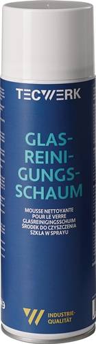Ein blauer Behälter mit der Aufschrift 'GLASREINIGUNGSCHAUM', versehen mit zusätzlichem Text auf Deutsch und Französisch.