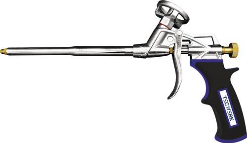 Eine Metalldruckluftpistole mit langem Düsenaufsatz und Abzuggriff, die zum Reinigen oder Trocknen von Oberflächen mit Druckluft verwendet wird.