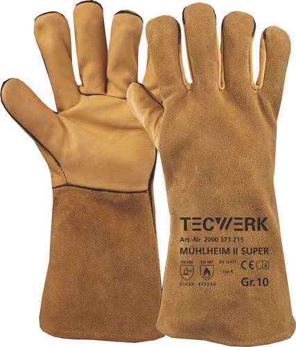 Ein Paar beige Schutzhandschuhe mit verlängerten Manschetten. Der Text auf den Handschuhen liest sich: ‚TECWERK', ‚MÜHLHEIM II SUPER' und Sicherheitsstandards.