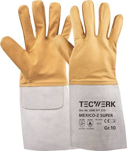 Ein Paar Schutzhandschuhe mit Lederhandflächen und Stoffmanschetten, auf deren einer Manschette das Etikett 'TECWERK MEXICO-Z SUPER Gr.10' zu sehen ist.