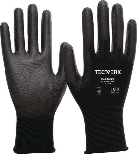 Schwarze Handschuhe mit 'TECWERK Blackstar NPU' Aufschrift, mit strukturierter Oberfläche und engem Sitz, entwickelt für Handschutz.