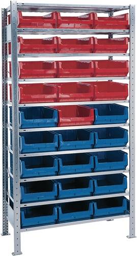 Regal mit roten und blauen Aufbewahrungskisten, in Reihen angeordnet, zeigt Optionen für effiziente Lagerung und Organisation.