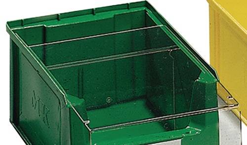 Grüne Aufbewahrungsbox mit transparenter Frontscheibe, zur Organisation und Lagerung kleiner Gegenstände.
