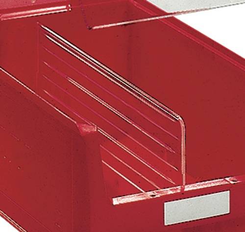 Ein roter Plastikbehälter mit einem durchsichtigen Frontbereich und internen Trennwänden, der zur Organisation oder Aufbewahrung von kleinen Gegenständen verwendet wird.