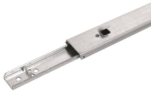Ein Schubladenauszug aus Metall mit einem rechteckigen Schlitz und einem kreisrunden Loch, der für das reibungslose Gleiten von Schubladen in Möbeln oder Schränken verwendet wird.