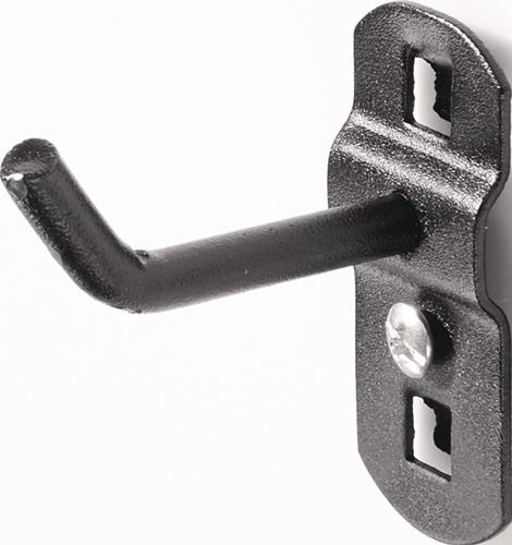 Ein schwarzer Metallhaken, der auf einer flachen, gelochten Trägerplatte montiert ist und zur Wandbefestigung geeignet ist, zum Aufhängen von leichten Gegenständen.