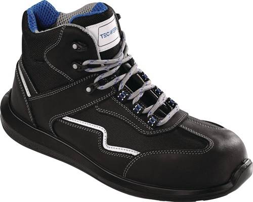 Ein schwarzer und blauer Sportschuh mit weißen Nähten, grauen Schnürsenkeln und einem Logo auf der Zunge.