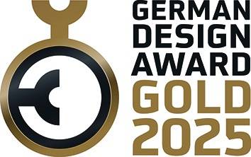 German Design Award Gold 2024' mit einem kreisförmigen Gold- und Schwarzlogo auf der linken Seite, das eine prestigeträchtige Design-Auszeichnung anzeigt.