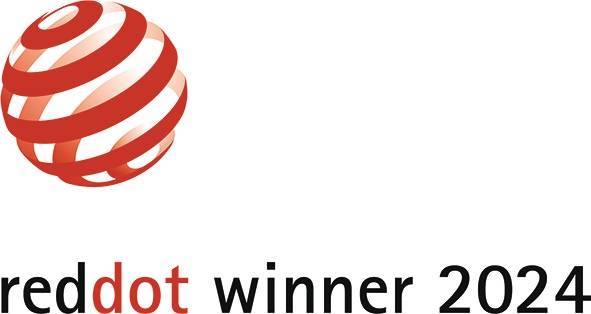 Red Dot Gewinner 2022' Logo mit einem roten Punkt-Design auf weißem Hintergrund.