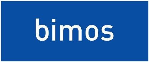 Das Bild zeigt das Wort 'Bimos' in weißer Schrift auf einem blauen Hintergrund.
