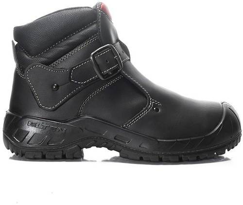 Ein robuster schwarzer Knöchelstiefel mit Schnallenriemen und verstärkter Sohle, entwickelt für strapazierfähigen Outdoor- oder Arbeitsgebrauch.