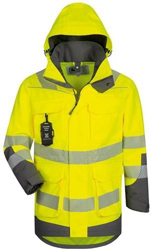 Eine leuchtend gelbe Sicherheitsjacke mit reflektierenden grauen Streifen und einem dunkelgrauen Kragen, entwickelt für eine hohe Sichtbarkeit bei schlechten Lichtverhältnissen.
