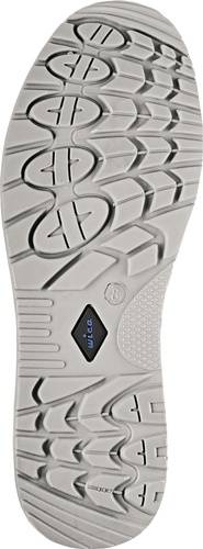 Nahaufnahme einer Schuhsohle mit strukturierter Oberfläche, geometrischen Mustern und einem kleinen rautenförmigen Logo mit dem Schriftzug 'wica' in blauer Farbe.