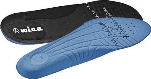 Blaue und schwarze Schuheinlagen gezeigt, die Textur und ergonomisches Design hervorheben. Blaue Einlage weist Rillen für Komfort und Unterstützung auf.