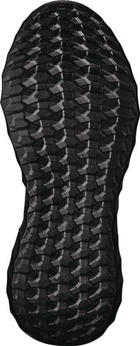 Das Bild zeigt das Sohlenmusters eines Sportschuhs mit einem sechseckigen Profildesign in Schwarz und Grau, was auf Traktion und Grip hinweist.