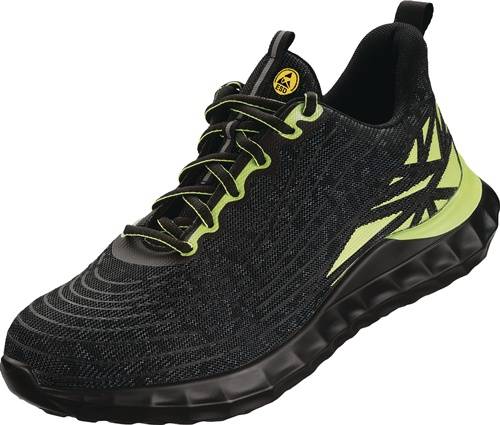 Schwarzer und grüner Sportschuh mit gemustertem Mesh-Obermaterial, grünen Akzenten und einer strukturierten schwarzen Sohle.