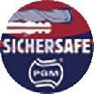 Logo von 'Sichersafe' mit einem Schlüssel und PGM-Symbol auf einem kreisförmigen Hintergrund.