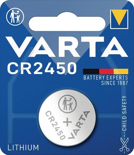 Verpackung einer Varta CR2450-Batterie mit Kindersicherheits-Symbol und dem Slogan 