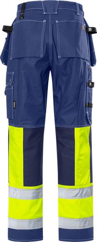 Blaue Arbeitshose mit leuchtend gelben Reflektionsstreifen an den Beinen, seitlichen Taschen und Werkzeugschlaufen, geeignet für Anwendungen mit hoher Sichtbarkeit.