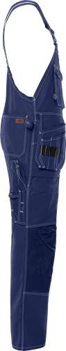Blaue Arbeitshose mit mehreren Taschen und Ziernähten, die Nützlichkeit und Funktionalität präsentieren.