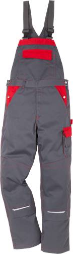 Graue und rote Overalls mit seitlichen Taschen und roten Akzenten nahe den Schultern, konzipiert für Arbeit oder Outdoor-Aktivitäten.