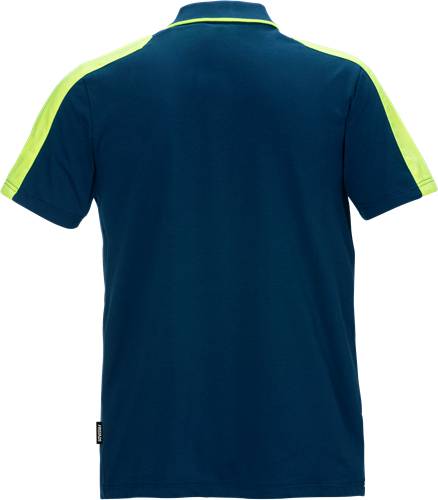 Rückansicht eines dunkelblau-farbenen T-Shirts mit leuchtend gelben Schulterstreifen.