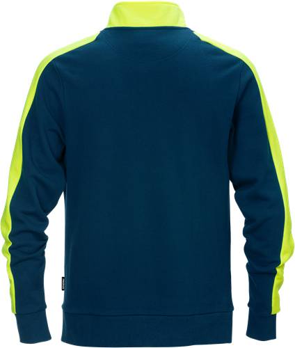 Ein marineblauer Langarmshirt, von hinten betrachtet, mit leuchtend gelben Streifen, die entlang der Arme verlaufen.