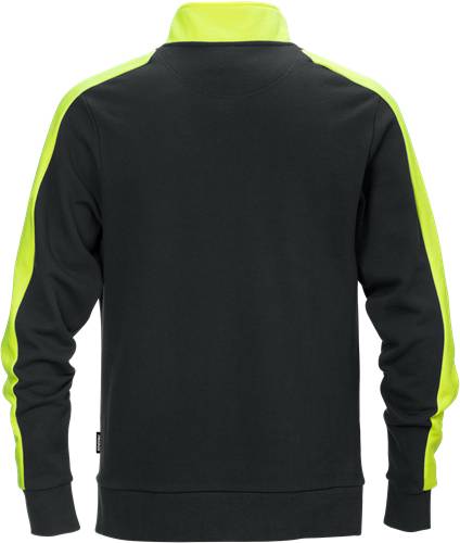 Schwarzes Sweatshirt mit neongelben Streifen an den Ärmeln, von hinten gezeigt.