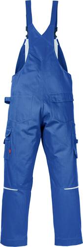 Blaue Arbeitslatzhose mit mehreren Taschen, von hinten betrachtet.