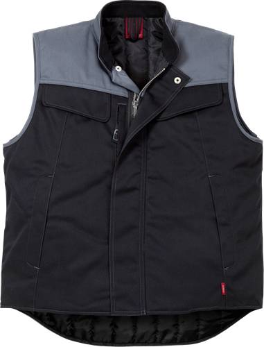 Eine schwarze und graue ärmelloser Jacke mit Reißverschluss und Knopfdetails, entwickelt für kältere Wetterbedingungen, präsentiert vor einem schlichten Hintergrund.