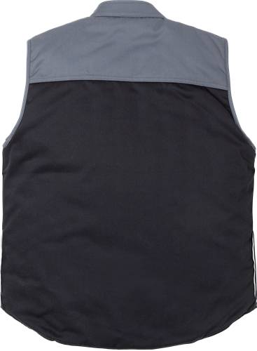 Eine schwarze Weste mit grauen Schultern, Vorderansicht, die ein einfaches Design und einen praktischen Stil zeigt, der sich für Freizeitkleidung eignet.