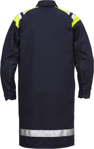 Dunkles langärmliges Shirt mit dezenten gelben Akzenten, Rückenansicht, mit sichtbaren Nähten und geradem Schnitt.