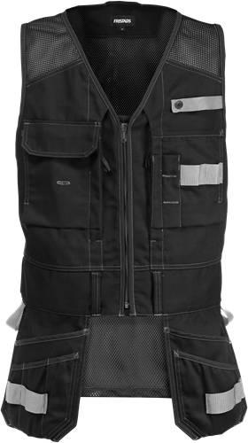 Eine schwarze Reißverschluss-Taktikweste mit mehreren Taschen und Klettverschluss-Patches, entwickelt für Utility und Outdoor-Aktivitäten.