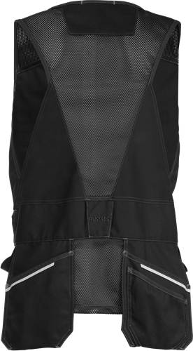 Eine Nahaufnahme eines schwarzen Rucksacks mit sichtbaren Nähten und Netzeinsätzen, die sich auf die Designdetails konzentriert.