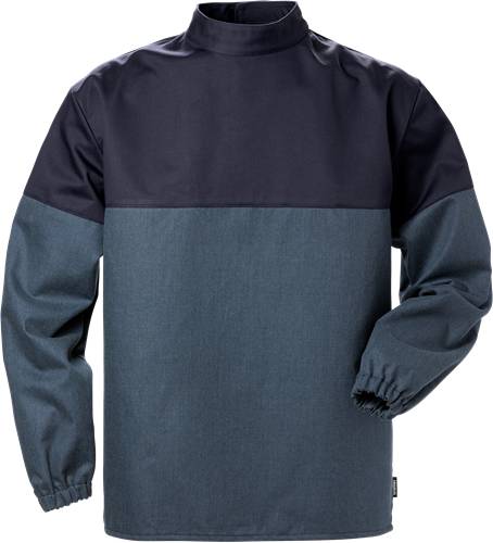 Eine Jacke in zwei Farbtönen mit dunkelblauen Schultern und einem hellblauen Körper und Ärmeln; zeigt die Rückansicht mit gerafften Manschetten.
