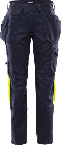 Marineblaue Hose mit gelben Reflektionsstreifen und Cargotaschen, entwickelt für Arbeitssicherheit.
